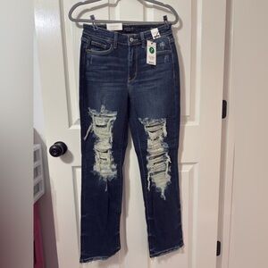 Judy Blue Ripped Straight Leg Jeans - Dark Blue